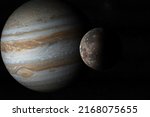 Jupiter planet and Callisto moon in the outer space. 3d rendering