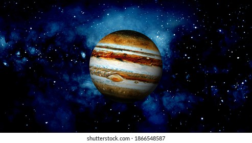 Jupiter planet on space with colorful starry night. front view of Jupiter planet from space with beautiful galaxy. full view of Jupiter 4k resolution.
