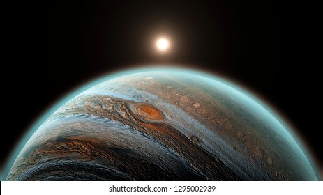 Jupiter planet with rising sun in space, close up shot. Sun is behind of universe's, solar system's giant, beautiful planet Jupiter with shadow 3D illustration.