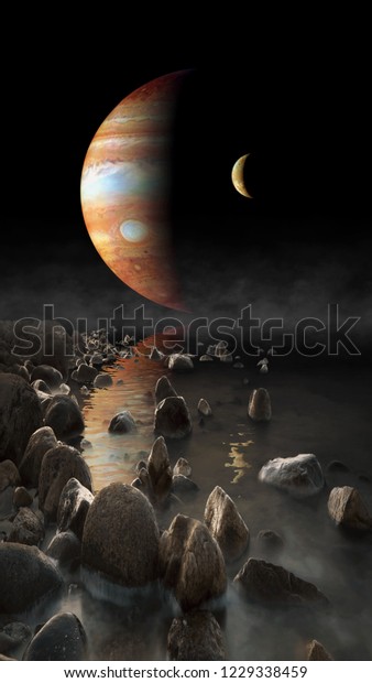 Jupiter  rise\
seen from the surface of its moon Europa illustration. Elements of\
this image furnished by NASA\
