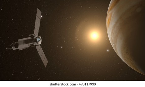 Jupiter And Satellite Juno With Beautiful Sunset.  3D Rendering.
Elements Of This Image Furnished By NASA