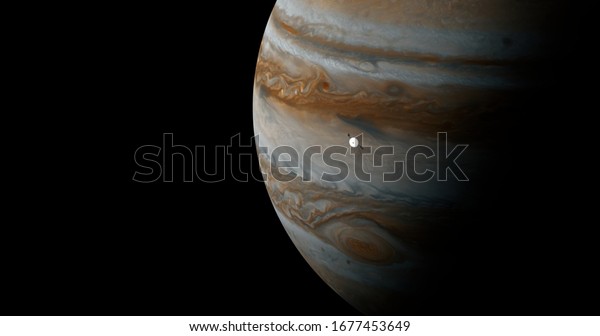 Jupiter and Satellite, planets of the solar\
system, space and stars, realistic 3D graphics, 3D Render,  moving\
stars,  planets