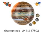Jupiter with satellites Io, Europa, Ganymede, Callisto and solar system, 3D rendering isolated on white background