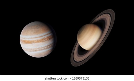 Jupiter and Saturn conjunction, 3d rendering illustration of gas giant planets black background isolated