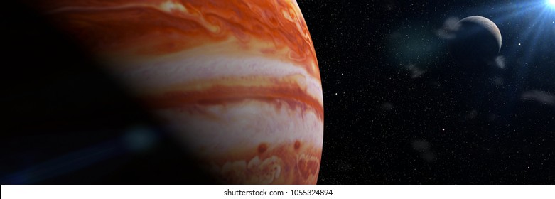 Jupiter's moon Europa and the planet Jupiter, largest in the solar system (3d illustration banner, elements of this image are furnished by NASA)