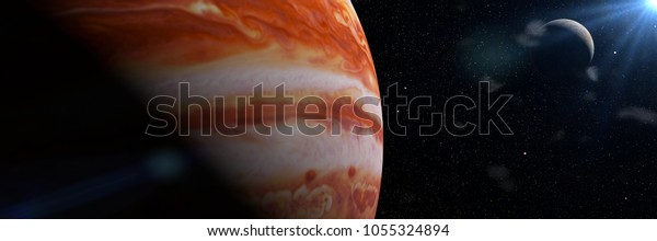 Jupiter\'s moon Europa and the planet Jupiter,\
largest in the solar system (3d illustration banner, elements of\
this image are furnished by\
NASA)