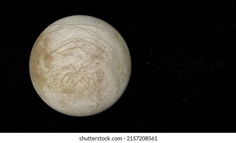 Jupiter's moon Europa with text space on the right. Realistic 3D render of Europa and stars. Europa in space.