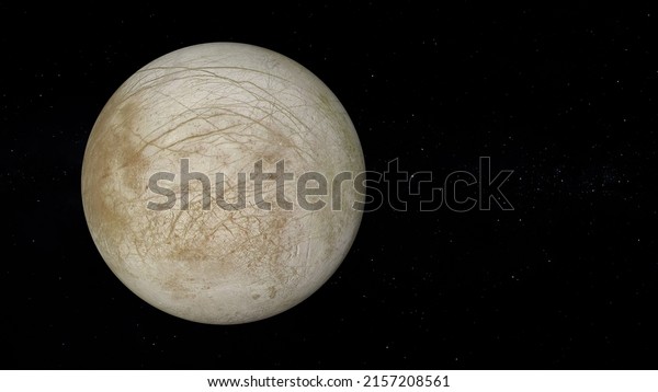 Jupiter\'s moon Europa\
with text space on the right. Realistic 3D render of Europa and\
stars. Europa in\
space.