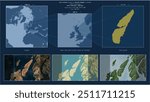 Jura Island in the Inner Seas off the West Coast of Scotland - belonging to United Kingdom. Described location diagram with yellow shape of the island and sample maps of its surroundings