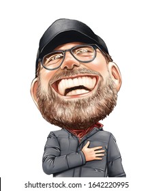 Jurgen Norbert Klopp is German professional football coach and former player who is manager of Premier League club Liverpool. Illustration, Caricature, design on white background. February,12,2020
