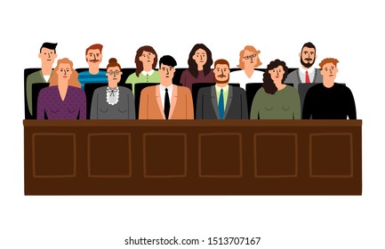 Jury In Court Trial Illustration. People In Judging Process, Sittingin Jury Box, Isolated On White Background