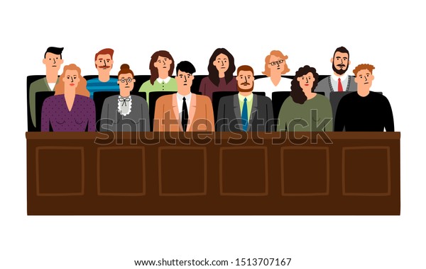 Jury in court\
trial illustration. People in judging process, sittingin jury box,\
isolated on white\
background