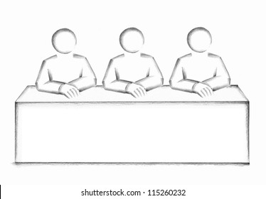 Jury or members of a panel debate drawn with pencil