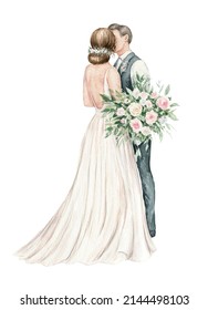 Just Married Couple With Bouquet Of Flowers. Elegant Groom And Bride Hand-painted Illustration. Watercolor Art Isolated On White Background. Template For Wedding Invitation, Save The Date, Cards