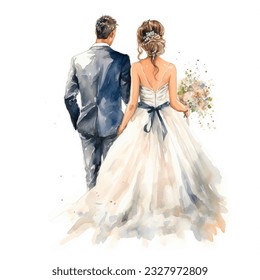 Just married couple with bouquet of flowers. Elegant groom and bride hand-painted illustration. Watercolor art isolated on white background. Template for wedding invitation, save the date, cards - Powered by Shutterstock