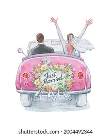 just married couple in a car watercolor art