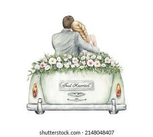 Just married couple in a vintage wedding car. Watercolor hand painted wedding romantic illustration on white background. Groom and bride. Romantic graphics for invitation, save the date, cards