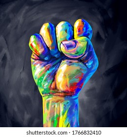 Justice Abstract Concept As A Fist Painted In Diverse Colors Representing Diversity And Power Of The Community For Equal Rights And Social Fairness In A 3D Illustration Style.