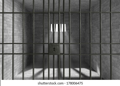 Justice Concept. Old Grunge Prison seen through Jail Bars