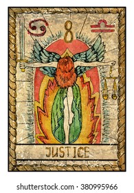 Justice.  Full colorful deck, major arcana. The old tarot card, vintage hand drawn engraved illustration with mystic symbols. Woman holding sword and scales against fire background