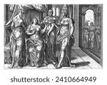Justice shows the holy crown, Johannes Wierix (possibly), after Gerard van Groeningen, 1574 Justice (Justitia) shows the bride (Sponsa) the holy crown.