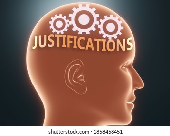 Justifications inside human mind - pictured as word Justifications inside a head with cogwheels to symbolize that Justifications is what people may think about, 3d illustration