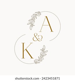 KA Logo initials wedding monogram logo design in simple brown circle leaf frame