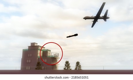 Kabul. U.S. Drone Strike Kills Ayman Al-Zawahri, Top Qaeda Leader. Afghanistan. Home, Building. Drone With Missile, Military Target. 3d Rendering. 08-02-2022