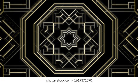 Kaleidoscope Art deco pattern. Gold illustration of modern early 20th century ornament with star shapes. Geometric octagon abstract background with glamorous lines & squares. Arabesque oriental style - Powered by Shutterstock