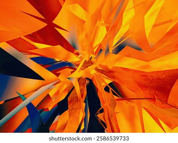 Kaleidoscope background - a vibrant abstract composition of chaotic geometric shapes in sharp angles, overlapping in shades of orange, yellow, and blue