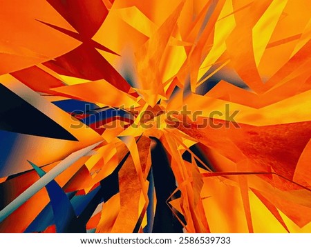 Kaleidoscope background - a vibrant abstract composition of chaotic geometric shapes in sharp angles, overlapping in shades of orange, yellow, and blue