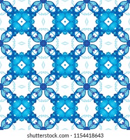 Kaleidoscope blue geometric pattern for surface and textile design. Seamless checkered watercolor background.