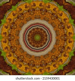 A Kaleidoscope In The Shape Of A Cone Of Food. Unique Abstract Background.