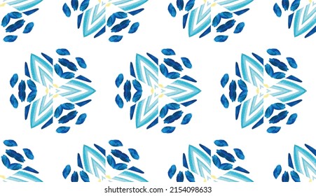 Kaleidoscope Shapes Abstract. Indigo Artistic Texture. Watecolor Kaleidoscope. Blue Ceramic Tile. Decorative Surface Pattern. Ink Effect Paint Seamless. Indigo Geometry Artwork. Optical Repeat.