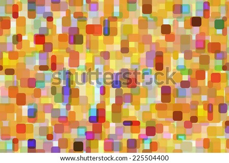 Kaleidoscopic abstract of rectangles with rounded corners, overlapping for 3-D effect, with a multicolored complexity suggestive of an urban environment or the simultaneous launch of hot-air balloons