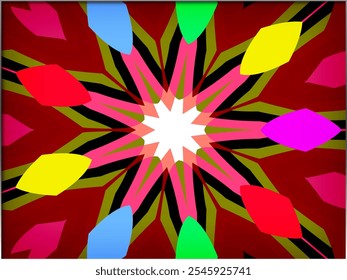 A kaleidoscopic design radiates from a central white star, featuring bold geometric shapes in vivid colors like red, pink, green, blue, and yellow, creating a sense of dynamic movement.