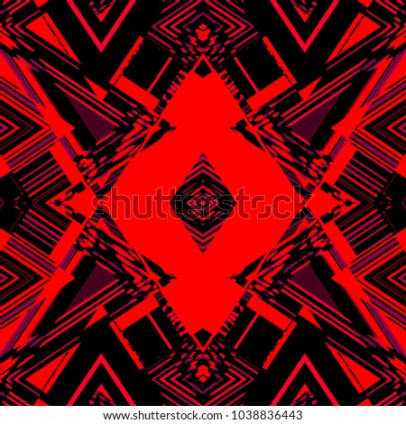 Kaleidoscopic pattern with zigzag lines stripes drops stains triangles rhombuses. Abstract retro geometric texture. Ornament Print. Fabric Cloth Swimwear Design Wallpaper Wrapping
