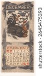 Kalenderblad december met haan (1902) by Theo van Hoytema, Tresling and Comp and Theo van Hoytema. Vintage calendar with decorative illustration. Vintage calendar design.