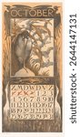 Kalenderblad oktober met vogel op een poot (1902) by Theo van Hoytema, Tresling and Comp and Theo van Hoytema. Vintage calendar with decorative illustration. Vintage calendar design.