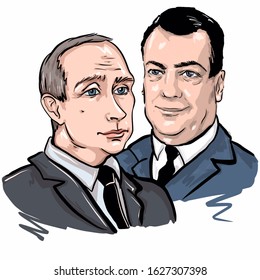 Kaliningrad, Russia, January 27 2020. President Of The Russian Federation Vladimir Putin And Dmitry Medvedev, Prime Minister Of Russia . Sketch Illustration Portrait 