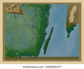 Kalmar, county of Sweden. Colored elevation map with lakes and rivers. Locations of major cities of the region. Corner auxiliary location maps