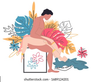 Kama Sutra, a man and a woman have sex. The art of love. Sexual position Waterfall. Against the background of a bouquet of tropical leaves of palm trees, monster and flowers. Scandinavian style
