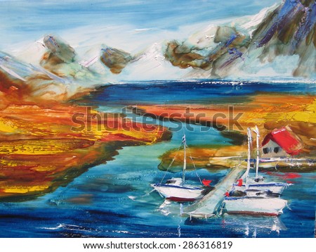 Kamchatka volcano, seaside. contemporary art. Modern abstract painting. Abstract texture oil on canvas 