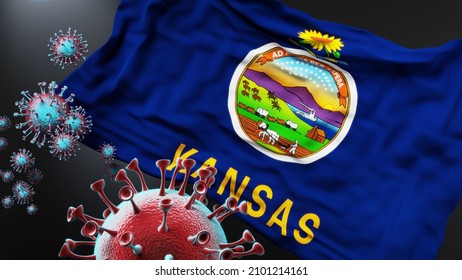 Kansas And Covid Pandemic - Virus Attacking A State Flag Of Kansas As A Symbol Of A Fight And Struggle With The Virus Pandemic In This State, 3d Illustration