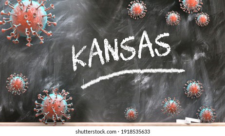 Kansas And Covid Virus - Pandemic Turmoil And Kansas Pictured As Corona Viruses Attacking A School Blackboard With A Written Word Kansas, 3d Illustration