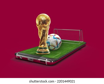Karachi, Pakistan 9 September Fifa World Cup 2022 Mobile Football With Trophy Soccer. Mobile Sport Play Match. Online Soccer Game With Live Mobile App. 3d Rendering Illustration.