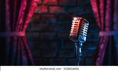 Karaoke night concept, high contrast image of a vintage microphone and a brick wall/ 3D Rendering, Illustration