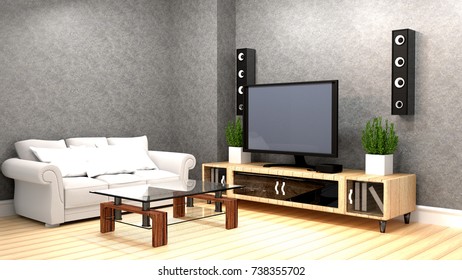 Karaoke Room Modern Red Style With Tv And Loudspeaker. 3D Rendering