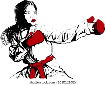 karate girl in red sports gloves, kimono and red belt for the competition stood in the classic position of readiness for the fight - Powered by Shutterstock