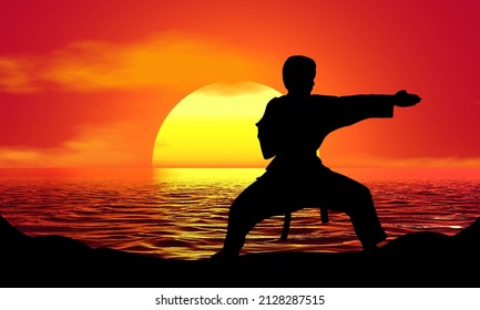 Karate Martial Arts Sports Silhouette Sunset Stock Illustration 